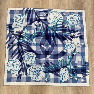 Chanel silk scarf white blue camellia scarf